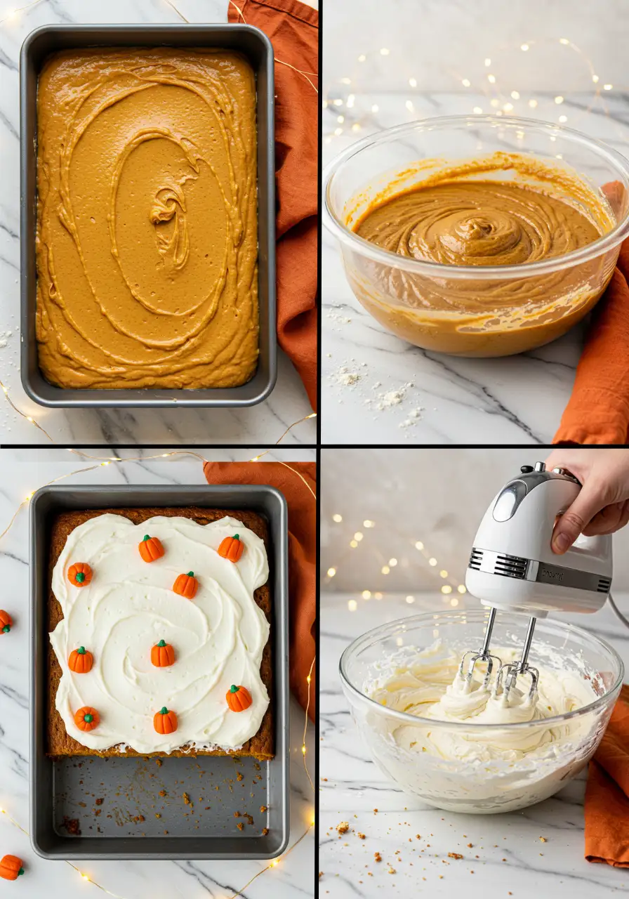 Step-by-step images of making pumpkin spice cake, from batter to baked.