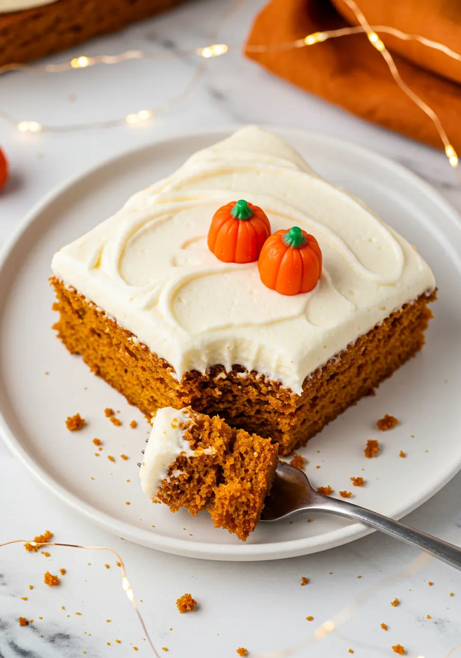 A slice of pumpkin spice cake with a bite taken out of it placed on a white plate.