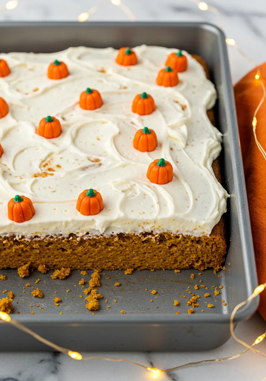 Pumpkin spice cake on a gray baking pan placed on a white marble surface, and a few led strings glow beside it.