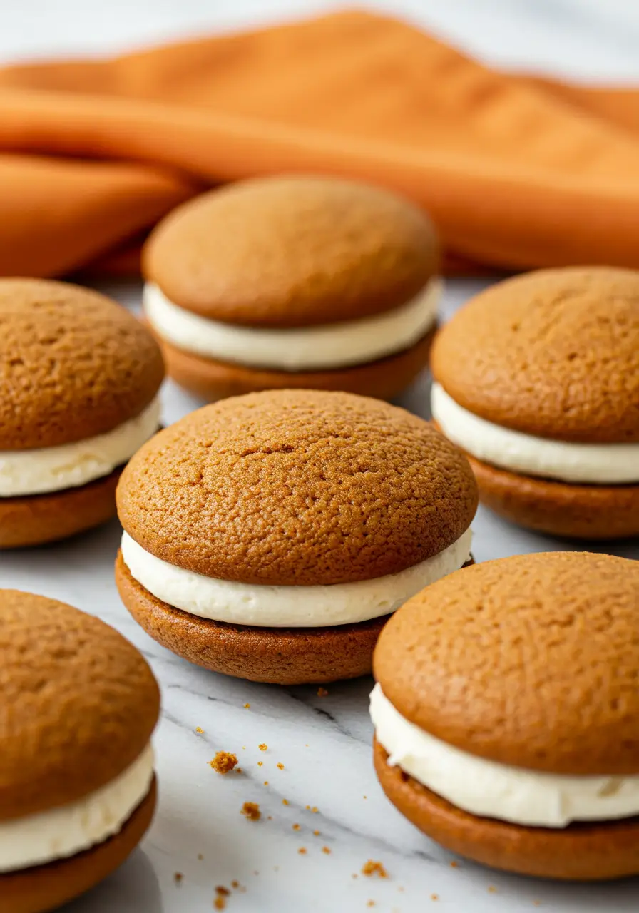 Pumpkin whoopie pies on a white marble surface.