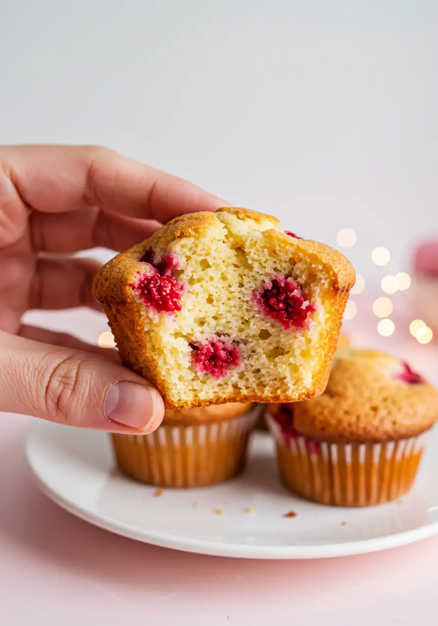 A hand holding a raspberry muffin with a bite taken out of it.