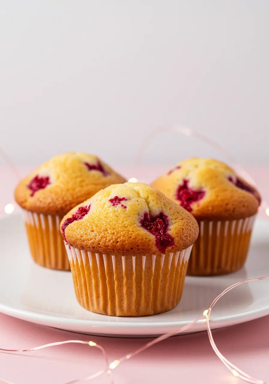 Raspberry muffins placed on a white plate against a light pink surface.