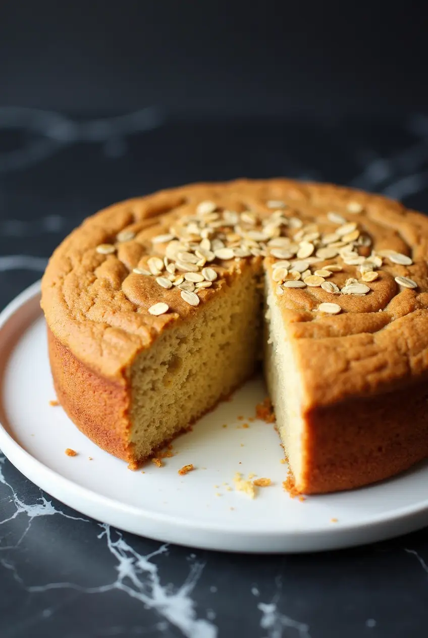 Recipe Vegan Oat Cake with a slice taken out of it.