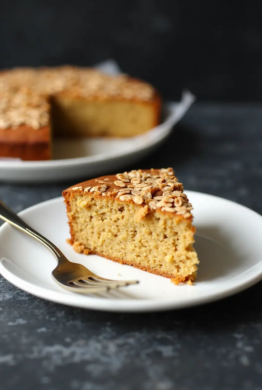 A slice of the recipe Vegan Oat Cake on a white plate with a fork next to it.