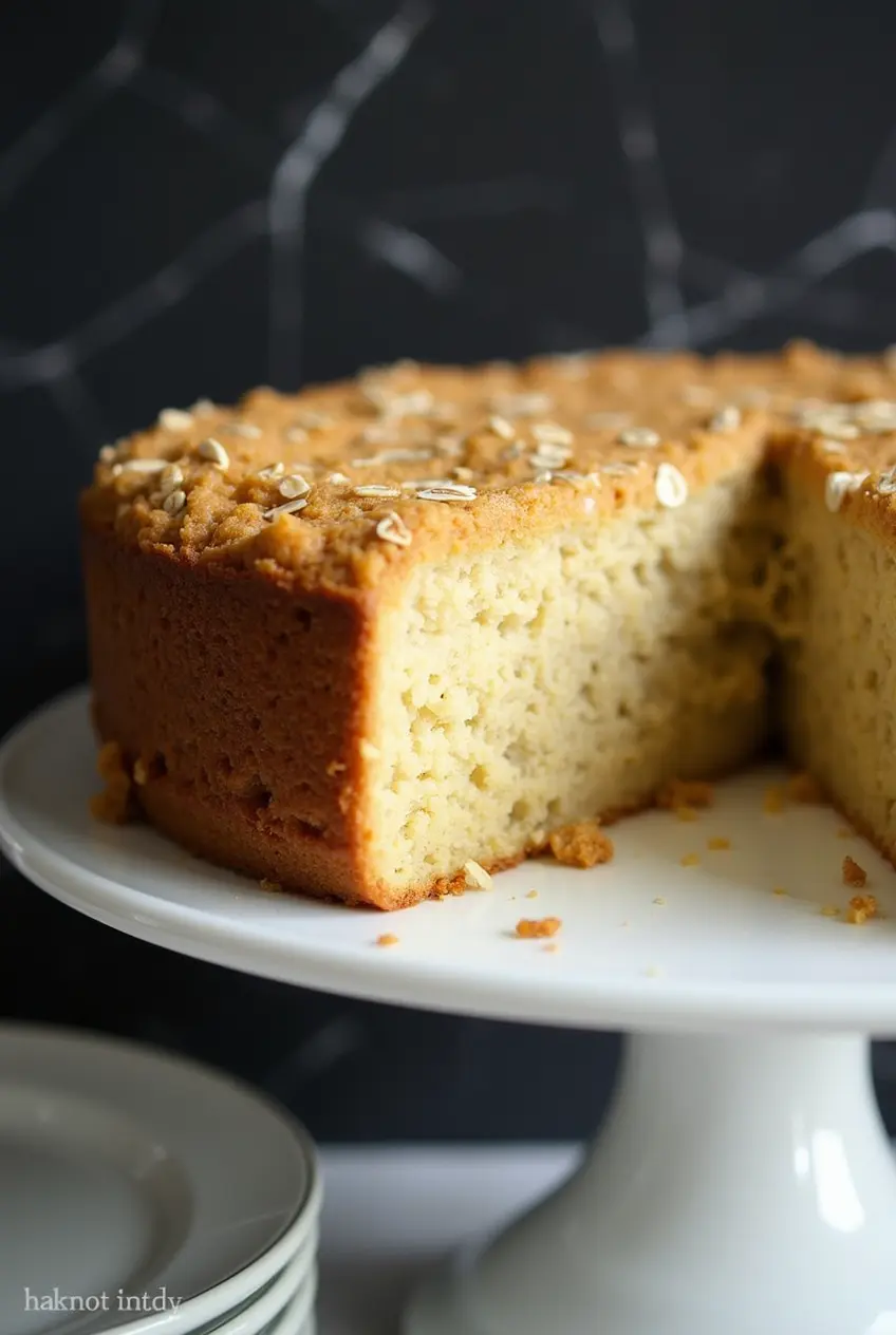 Close up image of a recipe Vegan Oat Cake with a slice taken out of it.