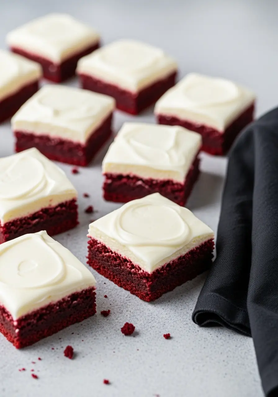 Red velvet brownies on a light gray surface.