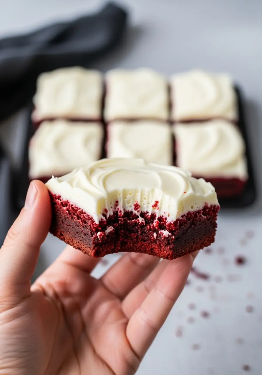 A hand holding a red velevt brownie with a bite missing.