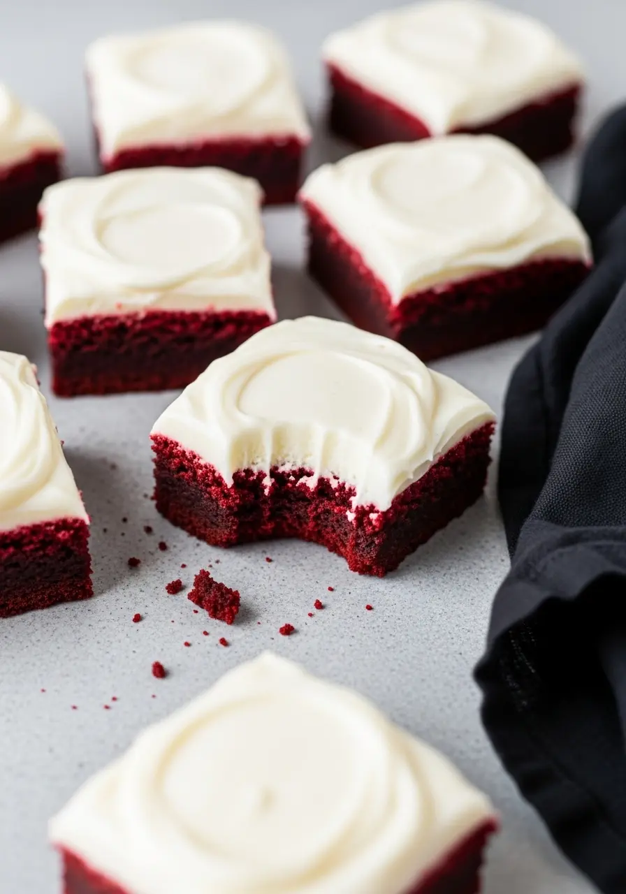 Red velvet brownies and one of them has a bite missing.