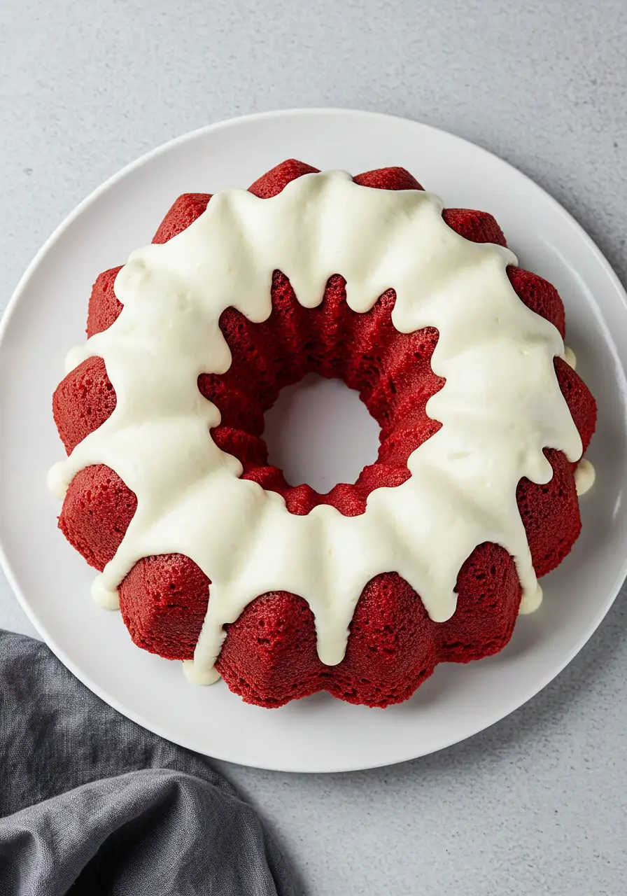 Red velvet bundt cake drizzled with a cream cheese glaze.
