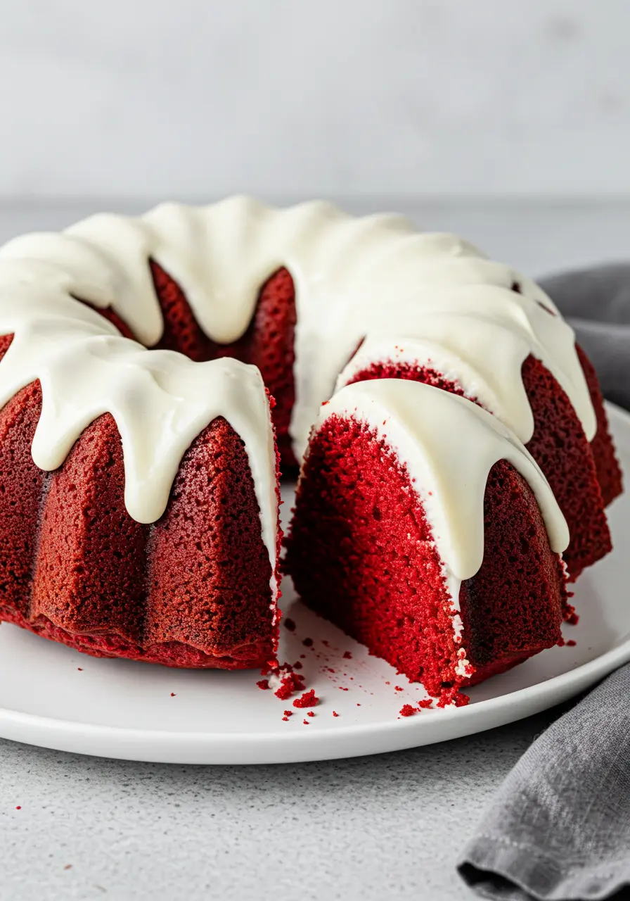Red velvet bundt cake on a white plate with a slice cut from it.