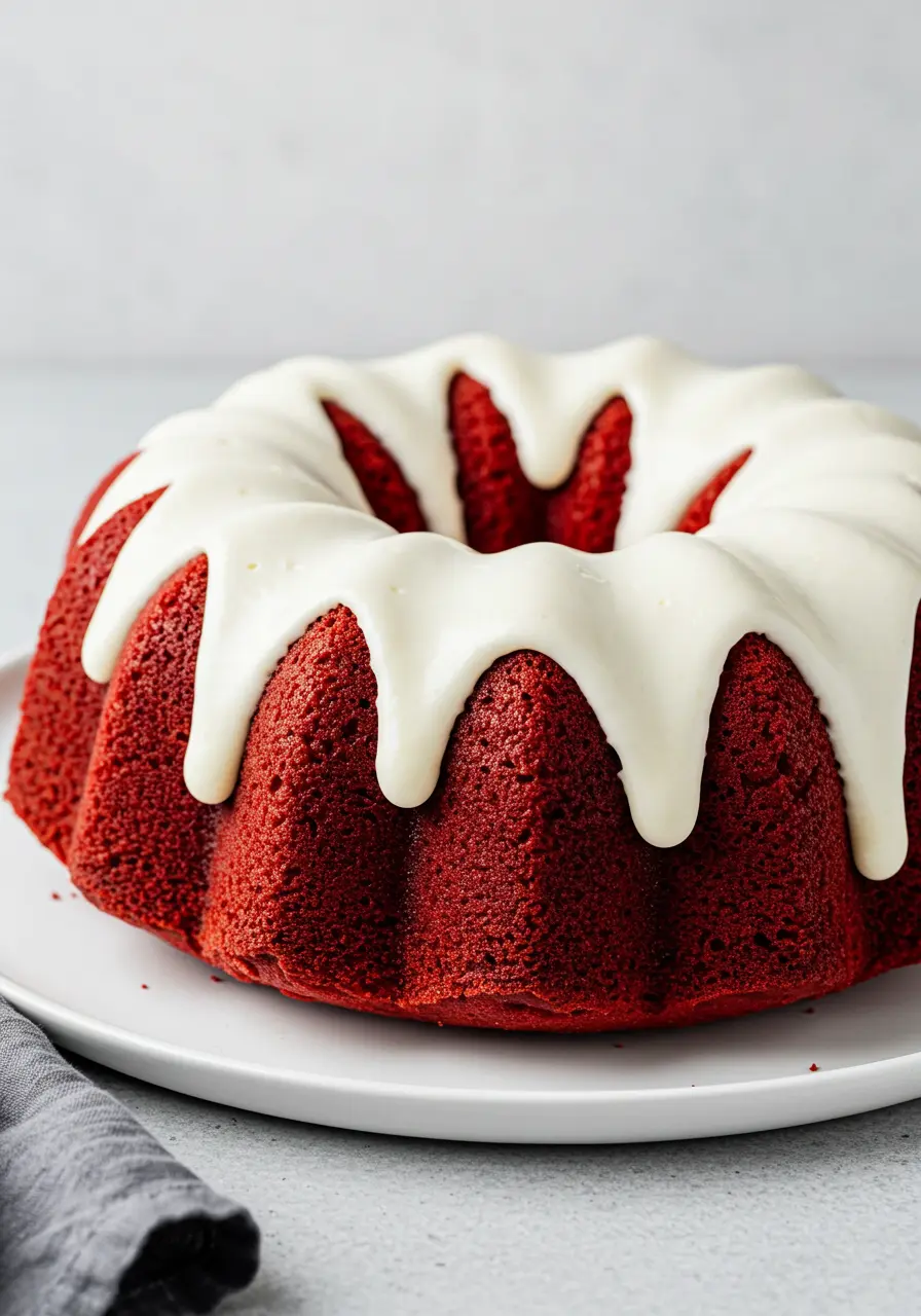Red velvet bundt cake on a white plate drizzled with a cream cheese glaze.