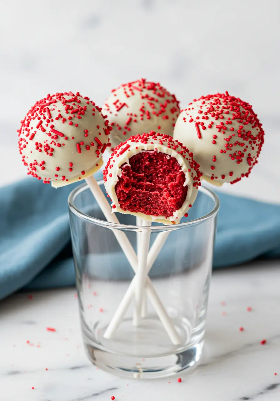Four red velvet cake pops in a glass cup and one of them has a bite missing.
