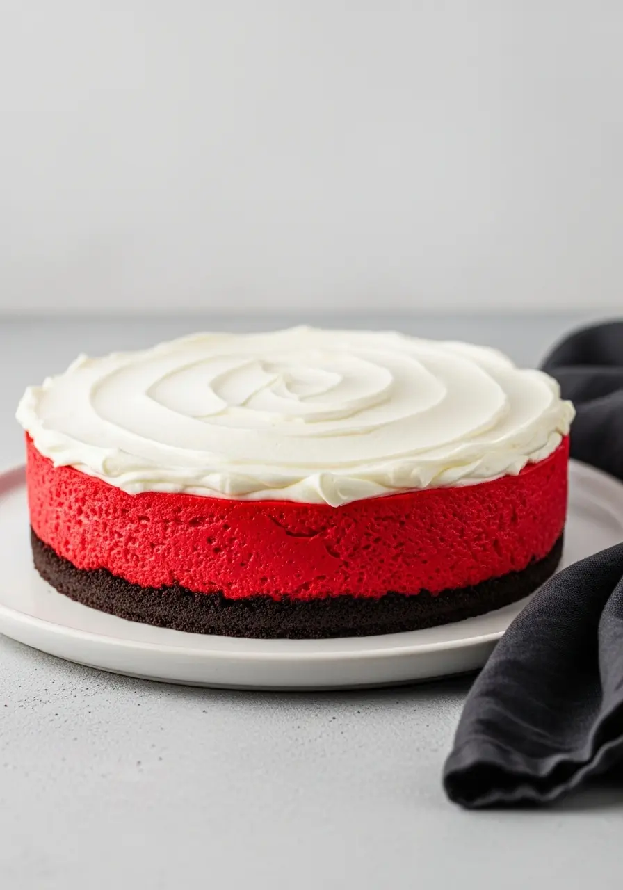 Red velvet cheesecake topped with cream cheese frosting.