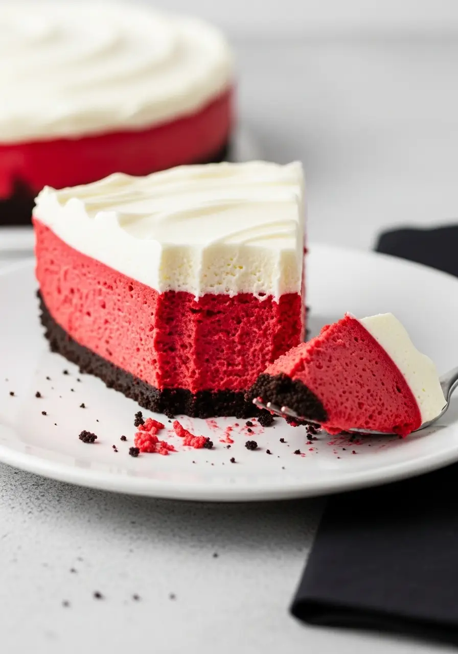 A slice of red velvet cheesecake with a forkful bite taken out of it.