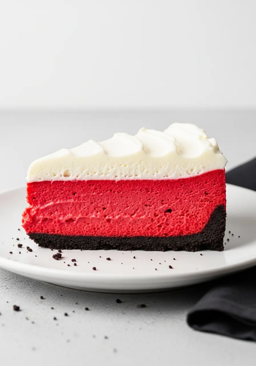 A slice of red velvet cheesecake on a white plate.