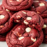 Red velvet cookies placed on a white plate and a blue napkin around it.