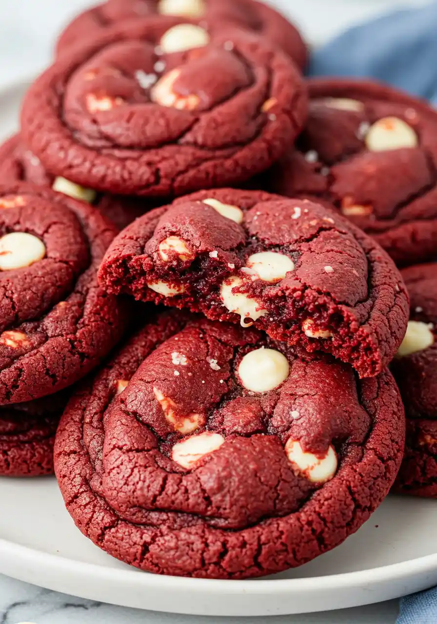 Red velvet cookies placed on a white plate and a blue napkin around it.
