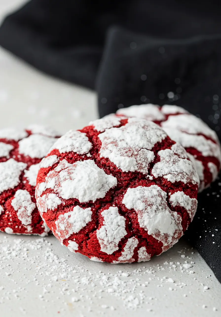Red velvet crinkle cookies on a white surface and a black napkin next to them.