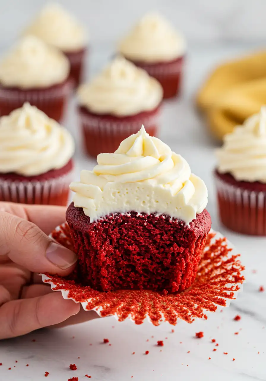 A hand holding a red velvet cupcake with a bite taken out of it.