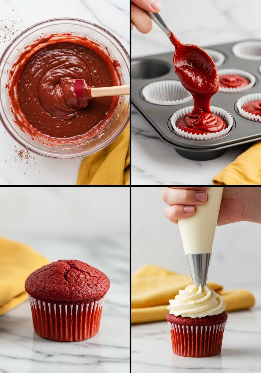 The process of baking red velvet cupcakes and doing the frosting.