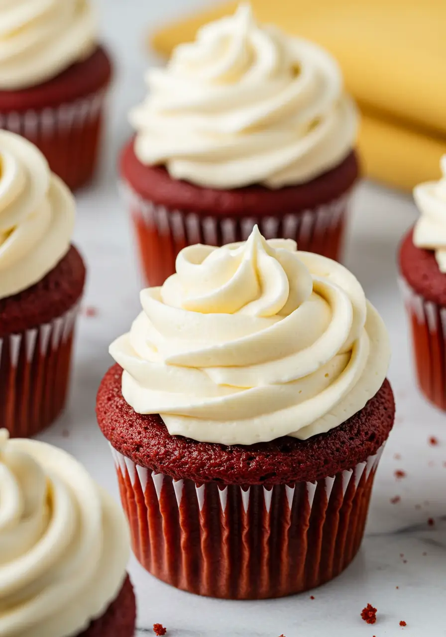 Red velvet cupcakes placed on a white marble surface.