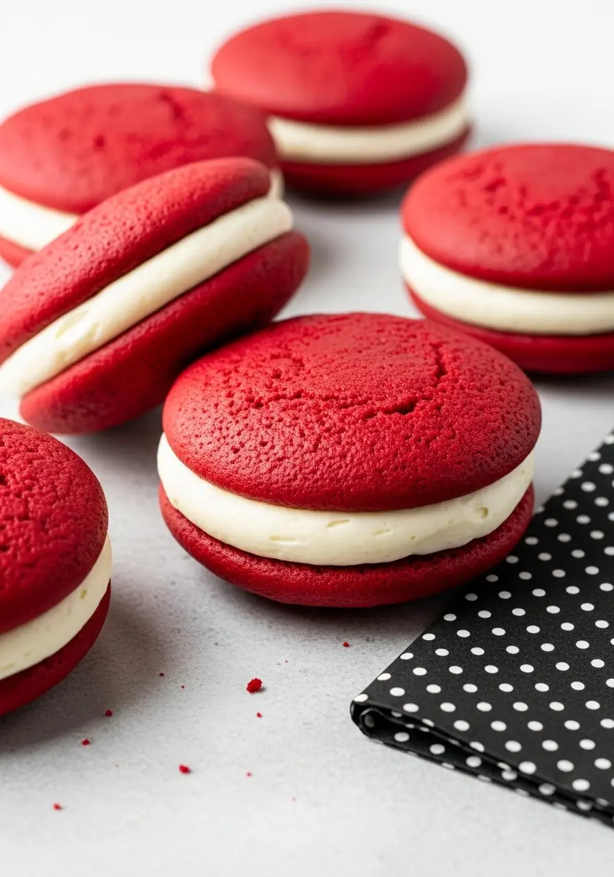Red velvet whoopie pies on a gray surface.