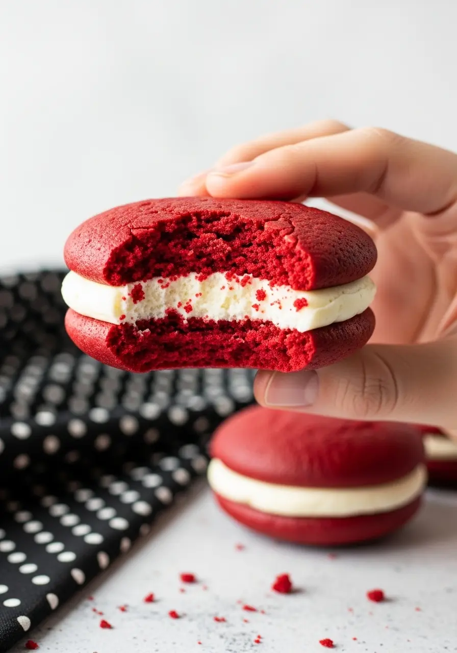 A hand holding a red velvet whoopie pie with a bite missing.