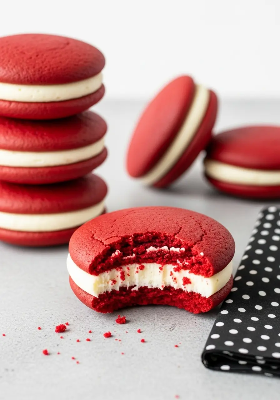 Red velvet whoopie pies on a gray surface and one of them with a bite missing.