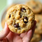 Rice krispie chocolate chip cookies on a white plate and one cookie held by a hand.
