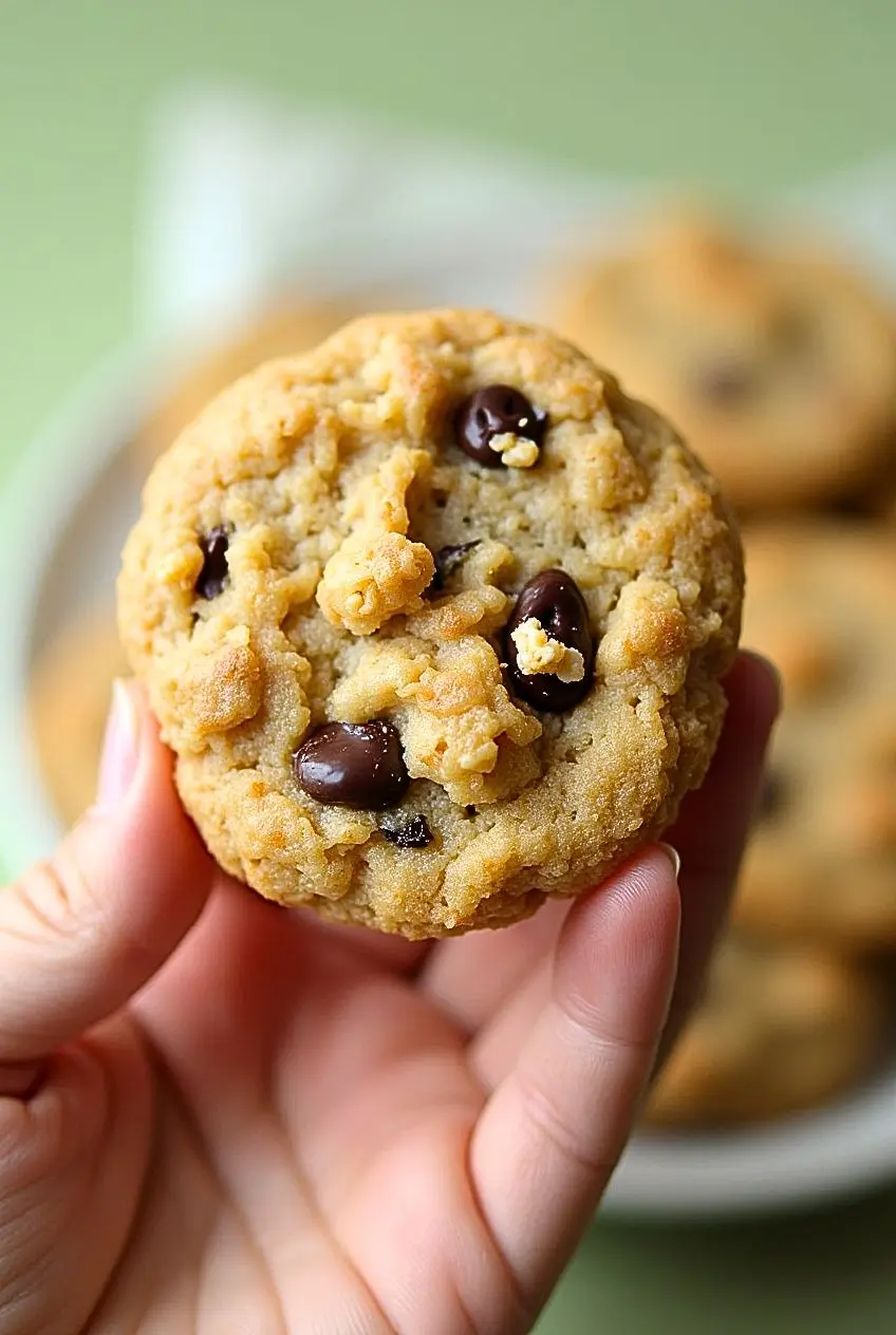 Rice krispie chocolate chip cookies on a white plate and one cookie held by a hand.