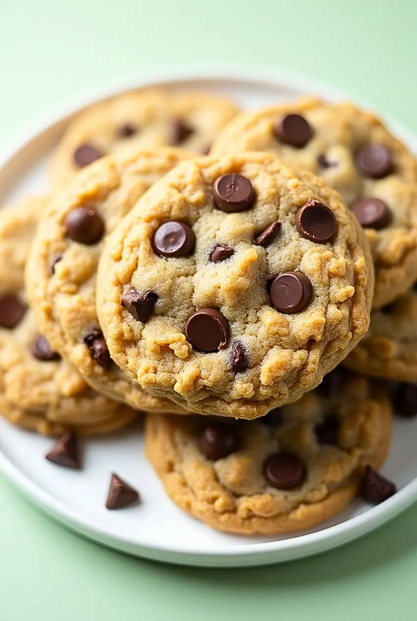 Rice krispie chocolate chip cookies on a white plate against light green surface.