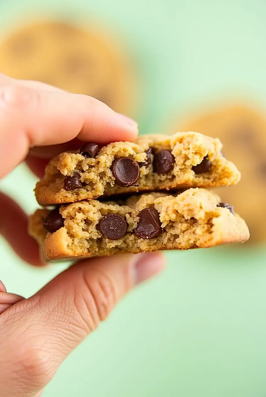 Rice krispie chocolate chip cookies split in half and held by a hand.
