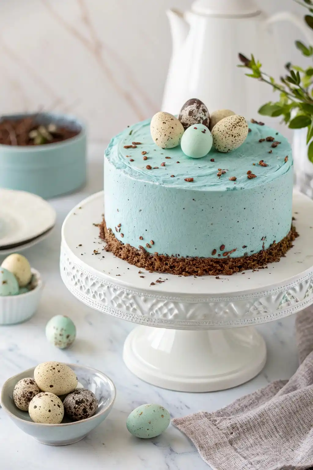a cake with blue frosting and speckled eggs on top