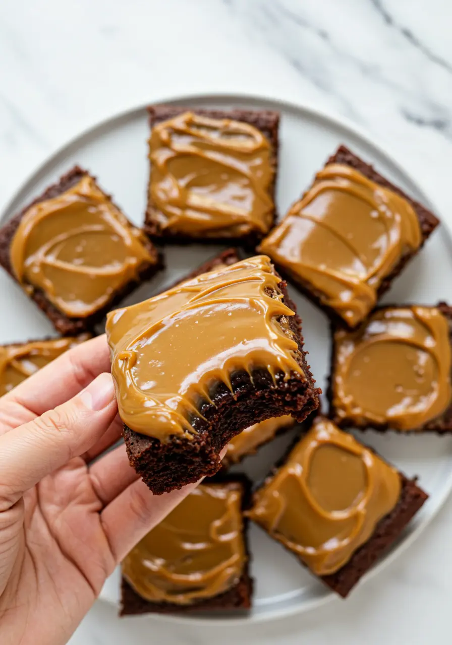 A hand holds a single brownie with a bite taken out of it, while the remaining brownies sit on the plate.