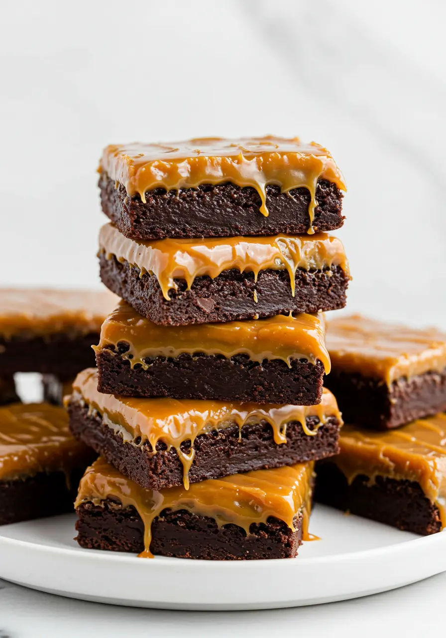 Stack of salted caramel brownies on a white plate.