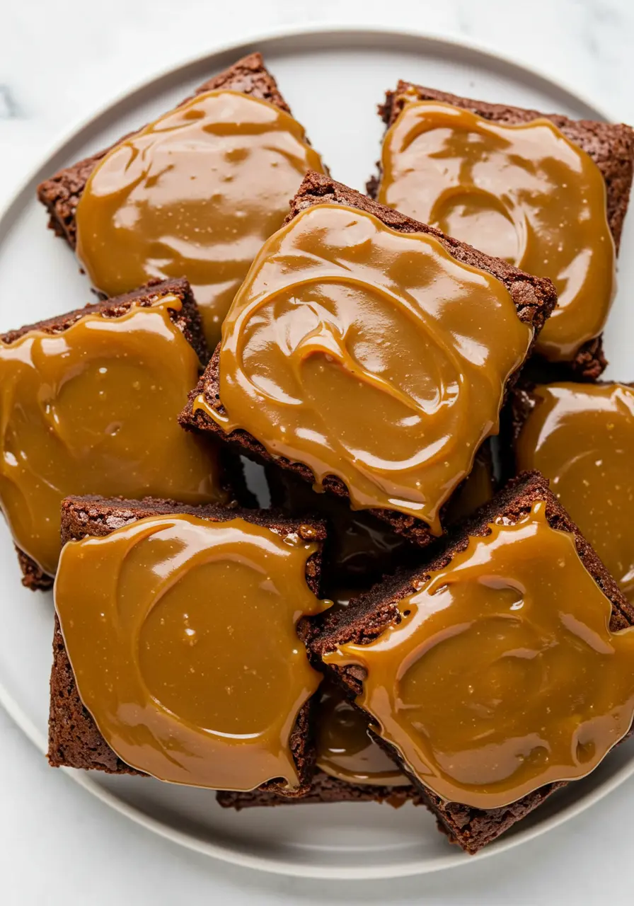 Salted caramel brownies on a white plate against a white marble surface.