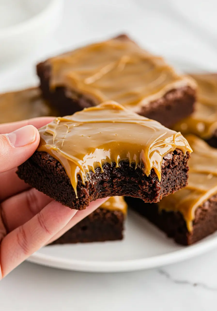 A hand holds a single salted caramel brownie with a bite taken out of it.