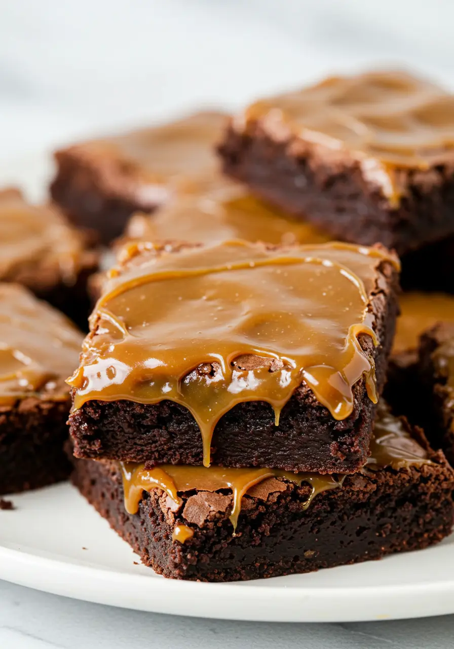 Salted caramel brownies on a white plate.