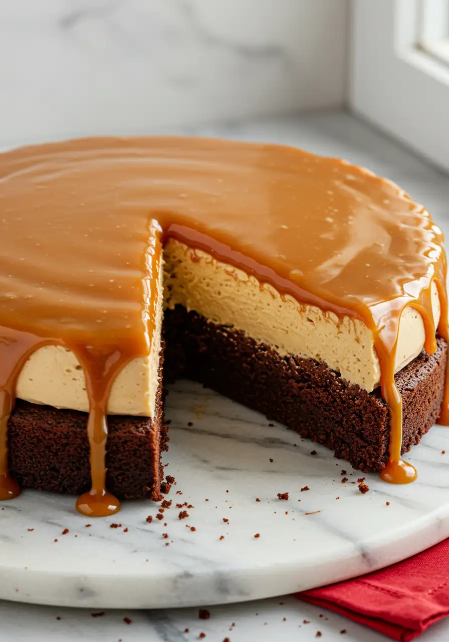 Salted caramel cake with a slice missing on a white marble plate, and a red napkin under the plate.