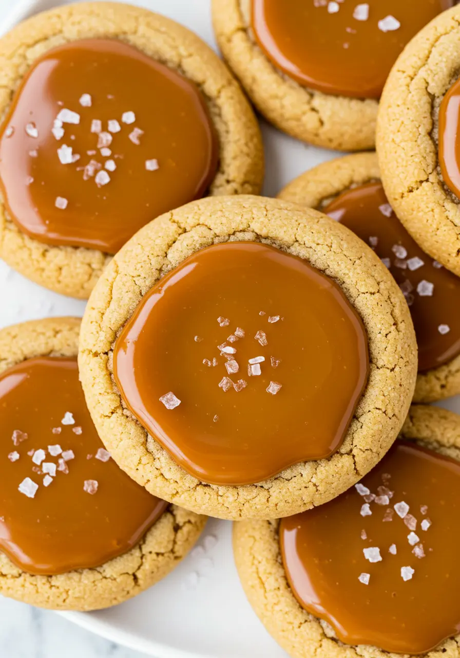 Salted caramel cookies on a white plate against a white marble surface.
