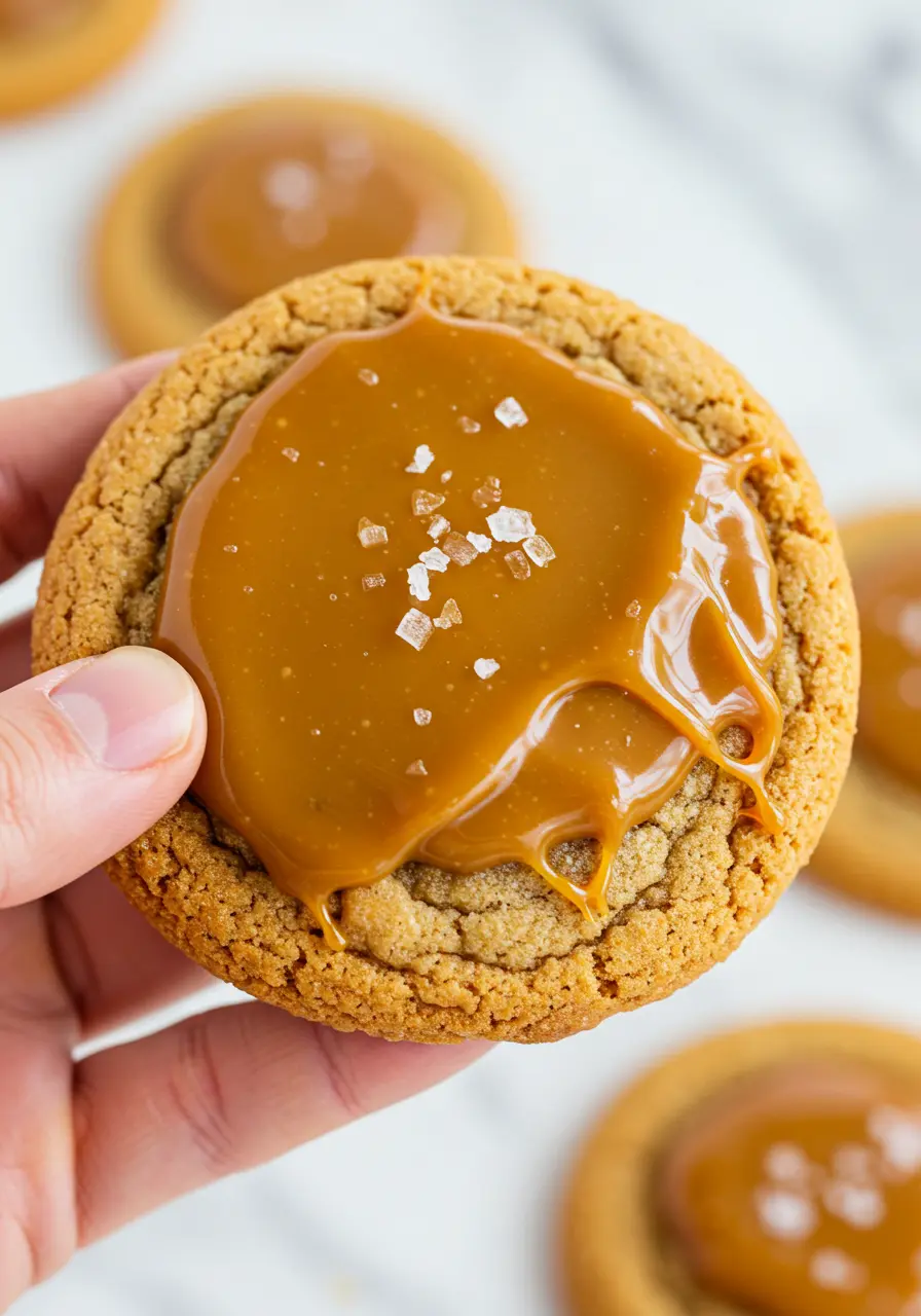 A hand holding one Salted caramel cookie.