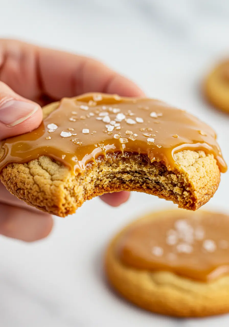 A hand holding one Salted caramel cookie with a bite taken out of it.
