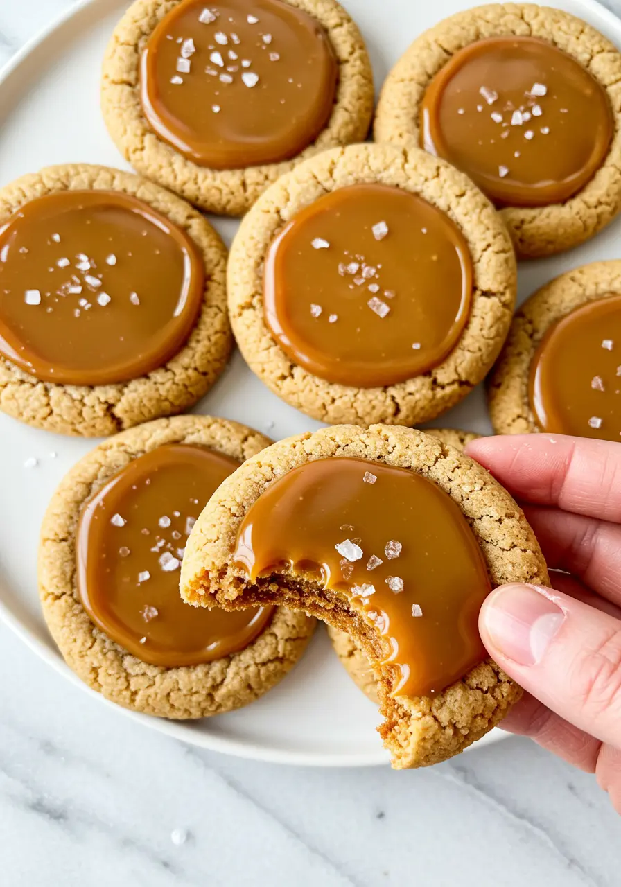 Salted caramel cookies on a white plate with a hand holding one of them has a bite taken out of it.