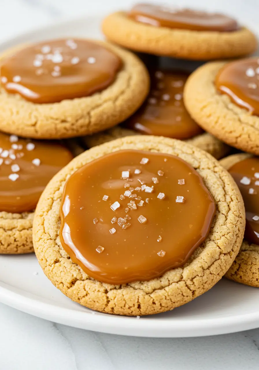 Salted caramel cookies on a white plate.