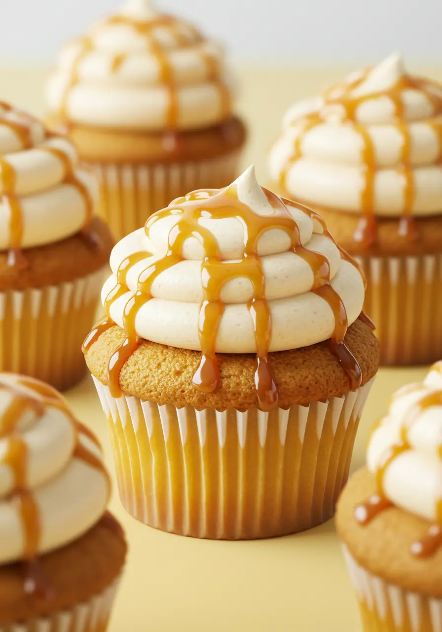 Salted caramel cupcakes placed on a light-yellow surface.