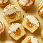 Salted caramel cupcakes placed on a light-yellow surface, with some cupcakes split in half.