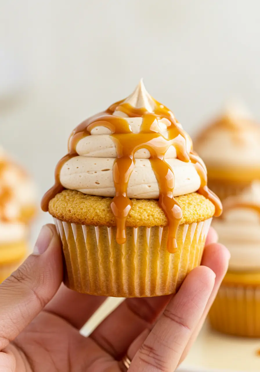 A hand holding a salted caramel cupcake.
