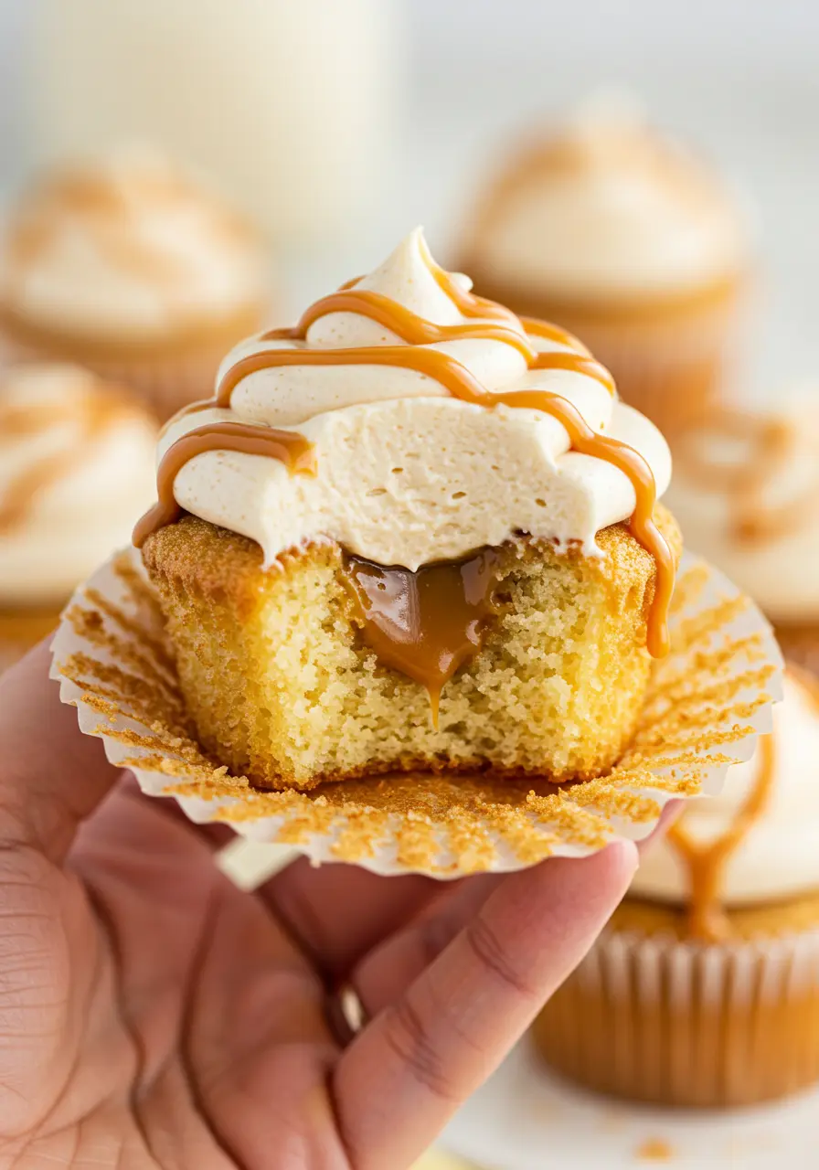 A hand holding a salted caramel cupcake with a bite taken out of it.