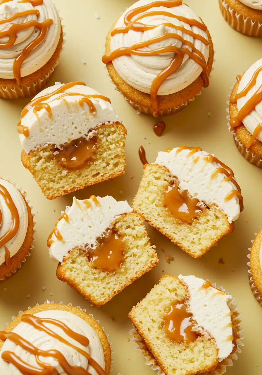 Salted caramel cupcakes placed on a light-yellow surface, with some cupcakes split in half.