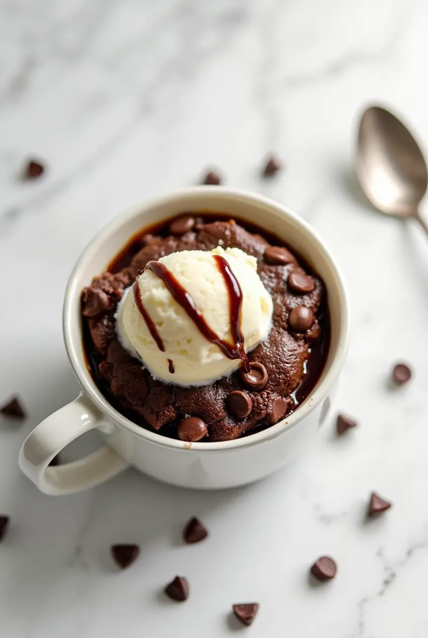 Single Serve Brownie on a white cup and topped with a scoop of vanilla ice cream.
